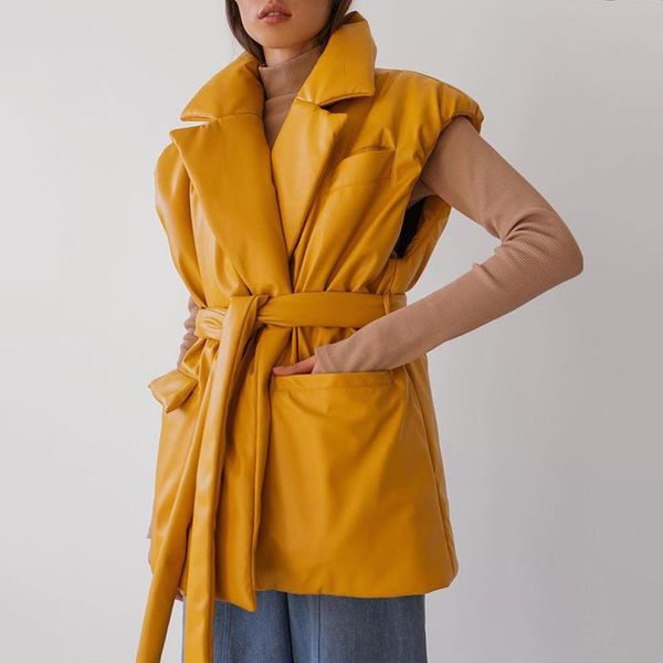 women's vests conkor fashion loose turn down collar women elegant solid yellow tie belt coats pu leather thick cotton ladies, Black;white
women's vests conkor fashion loose turn down collar women elegant solid yellow tie belt coats pu leather thick cotton ladies, Black;white
