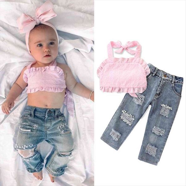 1 6y summer fashion girls clothes sets solid strap sleeveless halter vest pearl denim pants, White
1 6y summer fashion girls clothes sets solid strap sleeveless halter vest pearl denim pants, White
