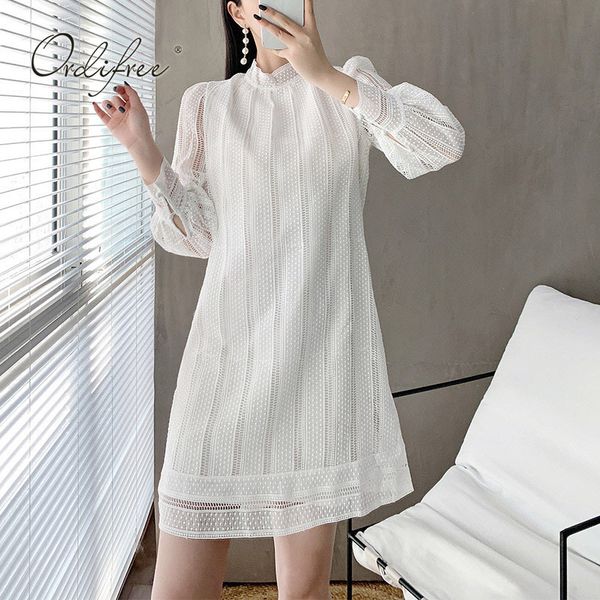 women autumn white lace long sleeve palka dot casual short party dress 210415, Black;gray
women autumn white lace long sleeve palka dot casual short party dress 210415, Black;gray