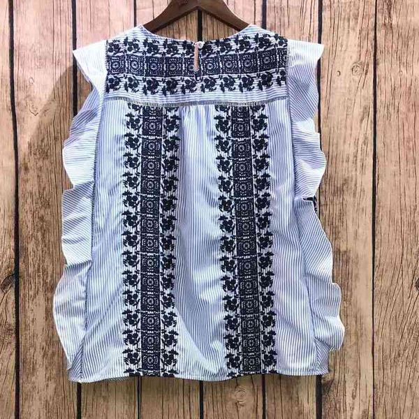 blouses spring summer fashion women striped print color block embroidery ruffles patchwork sleeveless blue cotton blouse, White
blouses spring summer fashion women striped print color block embroidery ruffles patchwork sleeveless blue cotton blouse, White