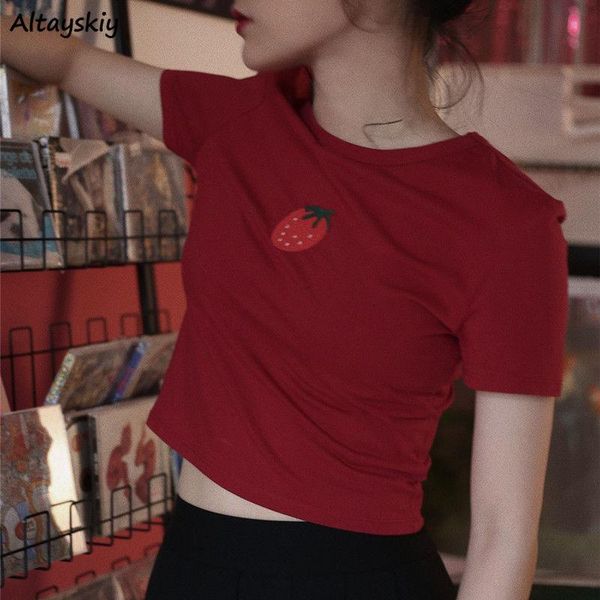 women's t-shirt cotton t-shirts women crop red strawberry-embroidery slim summer all-match fashion y2k aesthetic daily retro tunic, White
women's t-shirt cotton t-shirts women crop red strawberry-embroidery slim summer all-match fashion y2k aesthetic daily retro tunic, White