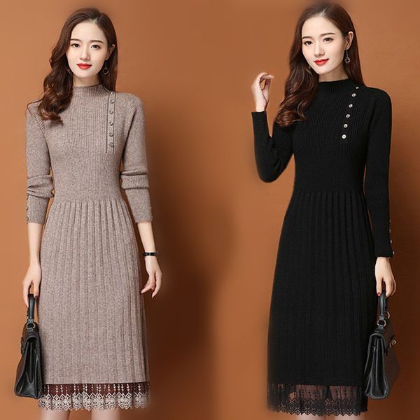 design lace hem buttons women autumn winter sweater knitted a line dresses ribbed slim elastic long sleeve lady bodycon midi dre, White;black
design lace hem buttons women autumn winter sweater knitted a line dresses ribbed slim elastic long sleeve lady bodycon midi dre, White;black