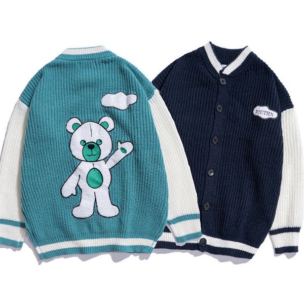 men's sweaters and women's knitted sweaters, interesting sweaters applications, bear embroidery, large street garments, harajuku,, White;black 
men's sweaters and women's knitted sweaters, interesting sweaters applications, bear embroidery, large street garments, harajuku,, White;black