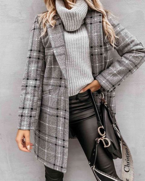 dust coat mid long plaid wool in autumn and winter 2021, Tan;black