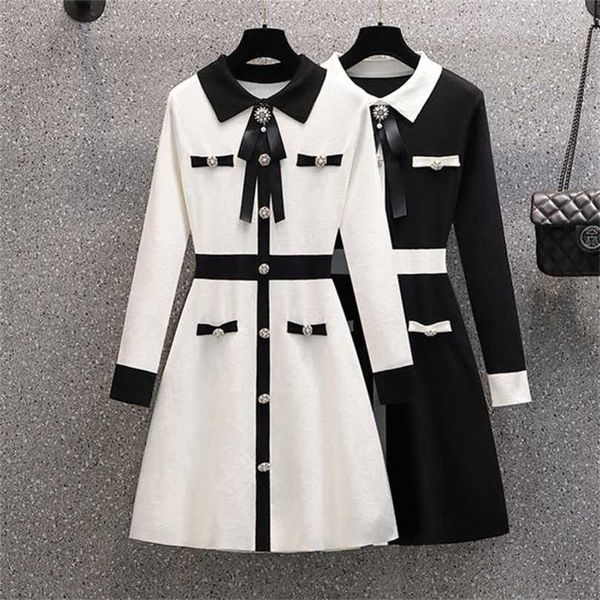 small fragrance fall winter knitted sweater dres bow tie buttons vintage party mini elegant casual chic robe femme 211119, Black;gray
small fragrance fall winter knitted sweater dres bow tie buttons vintage party mini elegant casual chic robe femme 211119, Black;gray