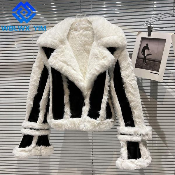women's leather & faux pu jacket women winter coat lapel fashion motorcycle thick warm lambswool spliced loose, Black
women's leather & faux pu jacket women winter coat lapel fashion motorcycle thick warm lambswool spliced loose, Black