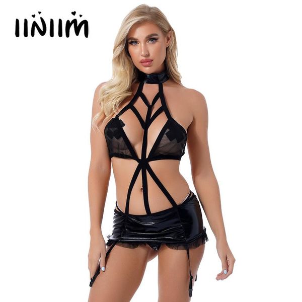 bras sets womens patent leather lingerie set halter see-through mesh hollow out bra lace-up skirt with garters g-string briefs underwear, Red;black
bras sets womens patent leather lingerie set halter see-through mesh hollow out bra lace-up skirt with garters g-string briefs underwear, Red;black