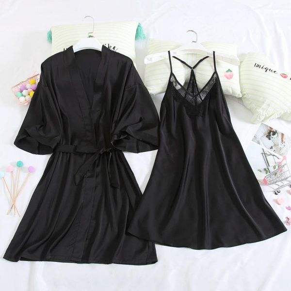 women's sleepwear women black robe set lace 2pcs solid nighty&robe female silky sleep casual kimono gown home dressing, Black;red
women's sleepwear women black robe set lace 2pcs solid nighty&robe female silky sleep casual kimono gown home dressing, Black;red