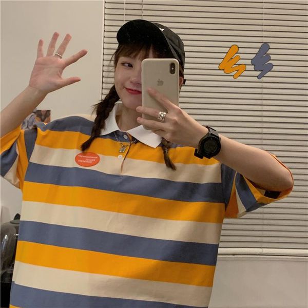 women's t-shirt 2021 summer color matching striped collar female youth colorful vitality korean style harajuku student wear, White
women's t-shirt 2021 summer color matching striped collar female youth colorful vitality korean style harajuku student wear, White