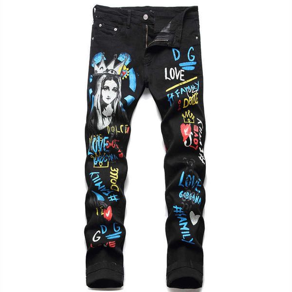 broken jeans, printed black men's letters, new size, straight grain, elastic, slim fit, fashion, pattern pants, summer, Blue
broken jeans, printed black men's letters, new size, straight grain, elastic, slim fit, fashion, pattern pants, summer, Blue