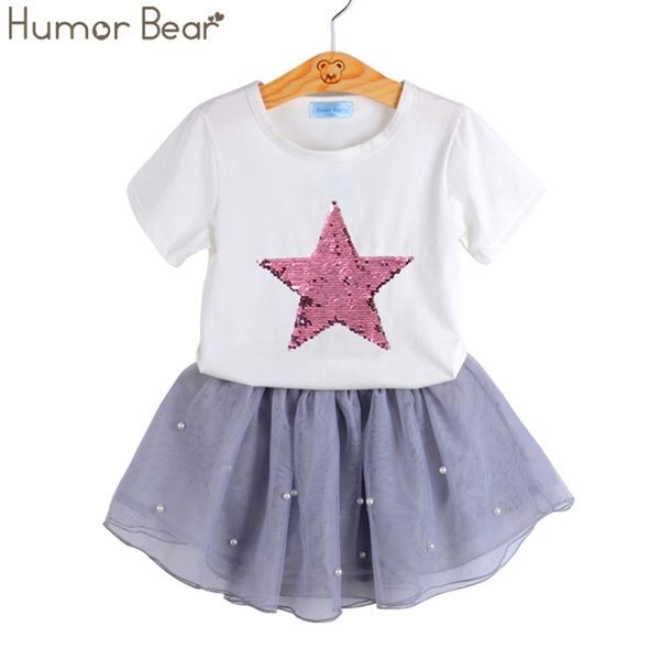 

girls clothes sets summer fashion short sleeve sequin stars t-shirt + dress 2pcs toddler kids 210611, White