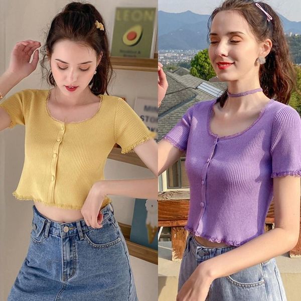 women's t-shirt fashion o-neck button short section exposed navel knitted short-sleeved cardigan, White
women's t-shirt fashion o-neck button short section exposed navel knitted short-sleeved cardigan, White