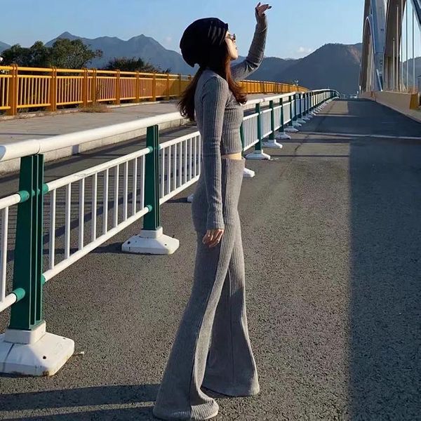 women's tracksuits 2021 spring knit two piece set women casual pullovers crop and loose high waist flare pant's lady suit, Gray
women's tracksuits 2021 spring knit two piece set women casual pullovers crop and loose high waist flare pant's lady suit, Gray