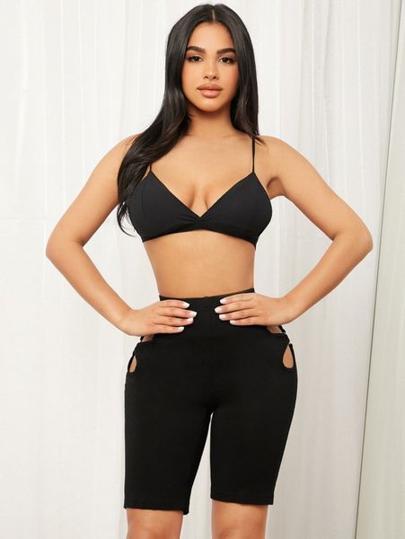 sxy solid cutout biker shorts d1aq#, Black