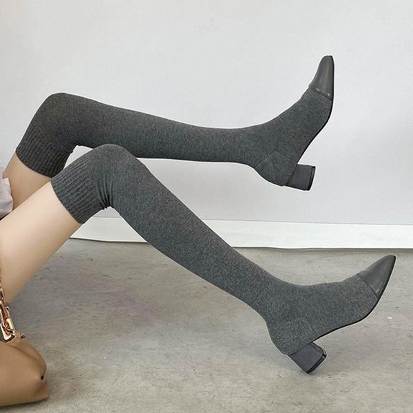 boots fashion thigh high stretch fabric sock women pointed toe heels shoes 2021 autumn winter over the knee boot, Black