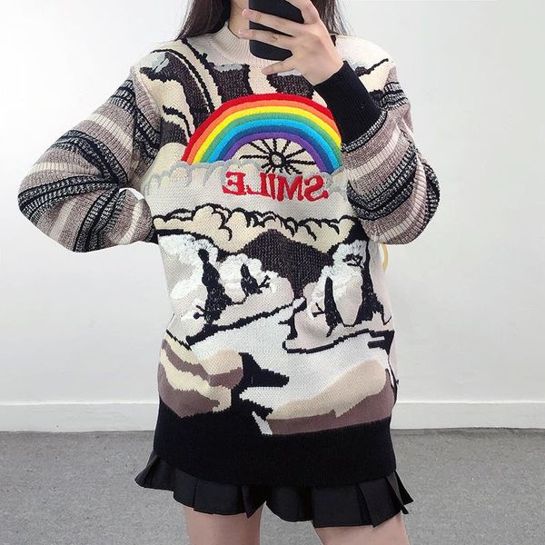 women's sweaters 2022 winter round neck sweater women rainbow print fashion pullover knitted ladies, White;black
women's sweaters 2022 winter round neck sweater women rainbow print fashion pullover knitted ladies, White;black