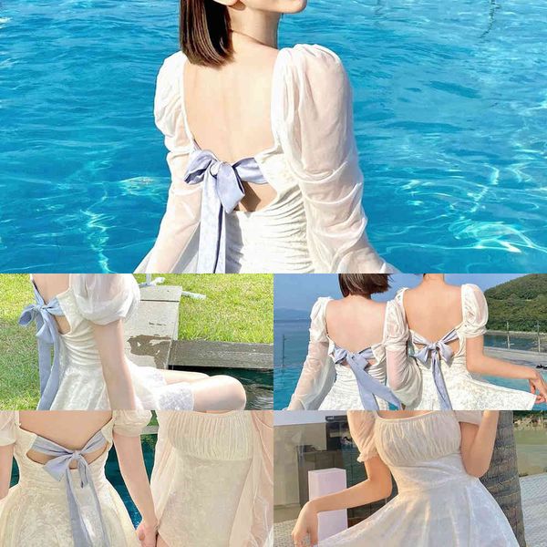 one female japane piece skirt and french korean fairy open back bubble sleeve conservative spring swimsuit2021, White;black
one female japane piece skirt and french korean fairy open back bubble sleeve conservative spring swimsuit2021, White;black