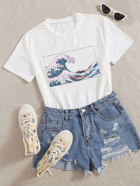 wave print short sleeve tee z9v2#, White