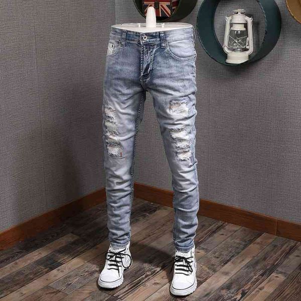 men's jeans italian fashion men light blue elastic slim fit destroyed ripped denim pants patchwork vintage designer hip hop trouse
men's jeans italian fashion men light blue elastic slim fit destroyed ripped denim pants patchwork vintage designer hip hop trouse