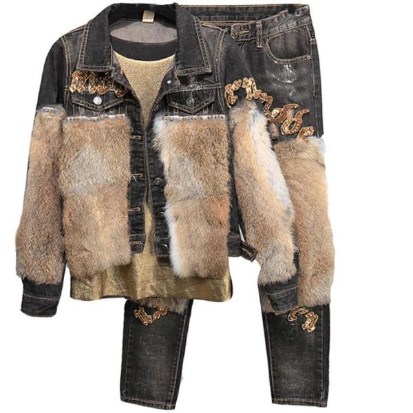 women vintage denim jacket pant set girls 2 piece suits fur letter sequined winter jeans sets women's two pants, White
women vintage denim jacket pant set girls 2 piece suits fur letter sequined winter jeans sets women's two pants, White