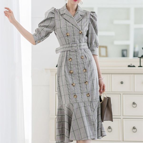 summer women korean ol double-breasted notched plaid with belt female puff sleeve ruffled trumpet mermaid dress 210416, Black;gray
summer women korean ol double-breasted notched plaid with belt female puff sleeve ruffled trumpet mermaid dress 210416, Black;gray
