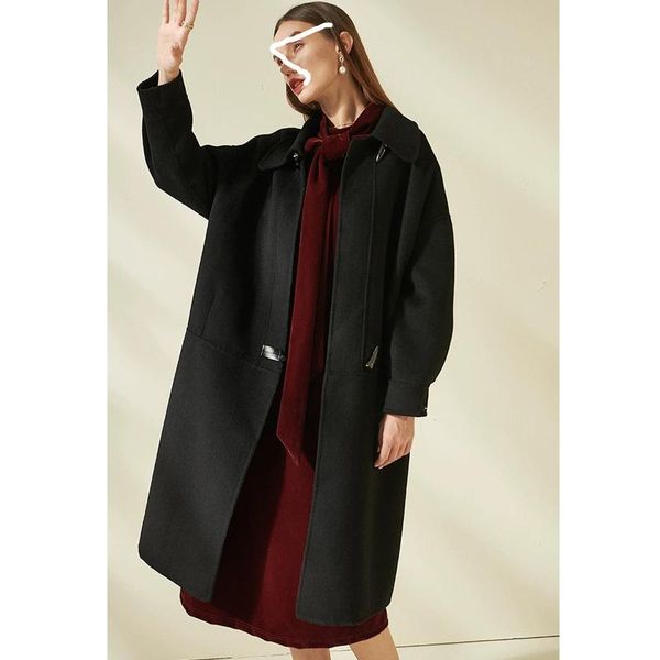 women's wool & blends loose cocoon type double face cashmere coat with horn button for autumn and winter 2021 long over knee skinny twe, Black
women's wool & blends loose cocoon type double face cashmere coat with horn button for autumn and winter 2021 long over knee skinny twe, Black