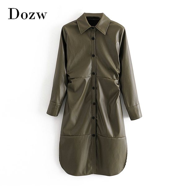 army green color shirt dress women long sleeve pu leather dress pleated split office knee length dress autumn spring 210414, Black;gray
army green color shirt dress women long sleeve pu leather dress pleated split office knee length dress autumn spring 210414, Black;gray