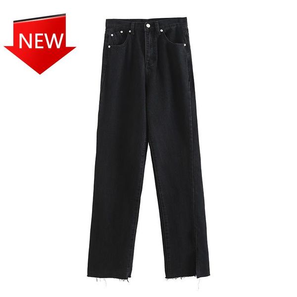 women's jeans high waist slit frayed mop pants ins european and american fashion black slimming loose straight, Blue 
women's jeans high waist slit frayed mop pants ins european and american fashion black slimming loose straight, Blue