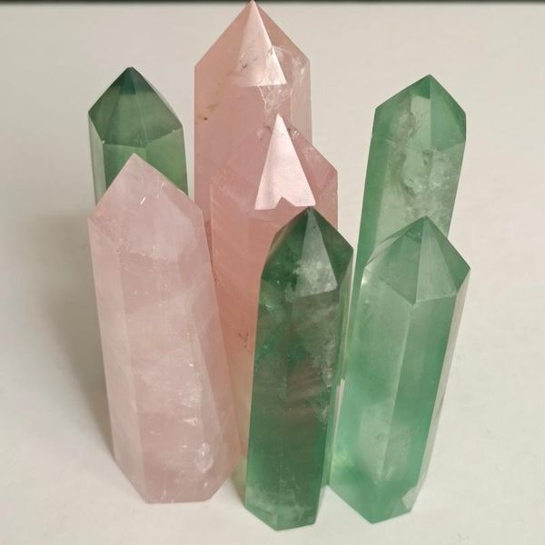 decorative objects & figurines a set of natural green fluorite crystal wand + pink rose quartz