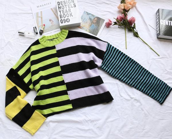 retro color stripes asymmetric stitching knitted women's autumn and winter pullover sweater sweaters, White;black
retro color stripes asymmetric stitching knitted women's autumn and winter pullover sweater sweaters, White;black