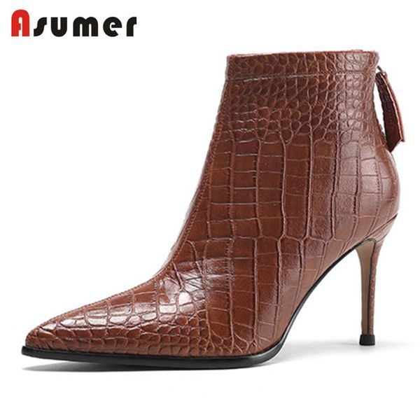 boots asumer stone pattern genuine leather footwear women ankle pointed toe autumn thin high heel ladies dress party shoes, Black
boots asumer stone pattern genuine leather footwear women ankle pointed toe autumn thin high heel ladies dress party shoes, Black