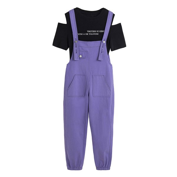 black short sleeve letter print t-shirt overall purple full length women two pieces set summer t0434 210514, White
black short sleeve letter print t-shirt overall purple full length women two pieces set summer t0434 210514, White