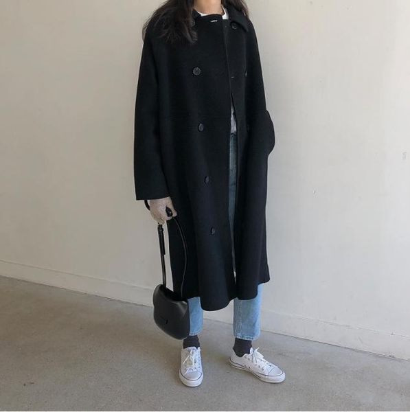 women's wool & blends 2021 korean spring double-sided cashmere coat solid color loose fit long, Black
women's wool & blends 2021 korean spring double-sided cashmere coat solid color loose fit long, Black