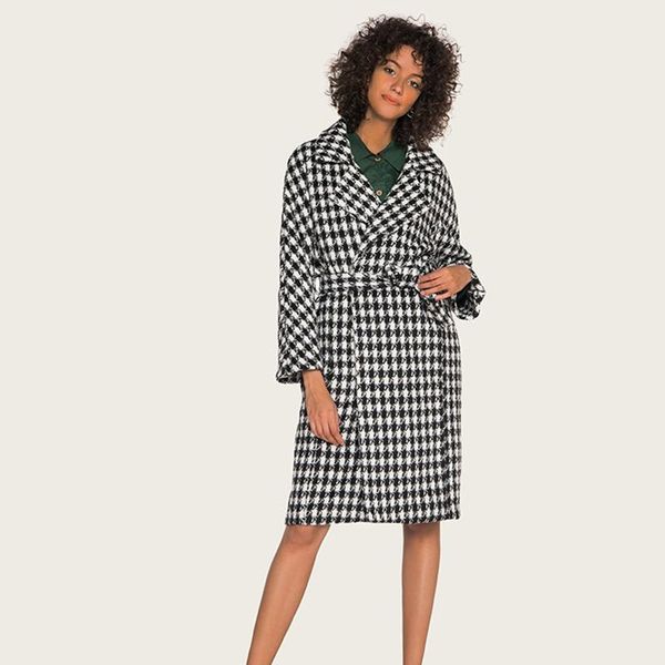 women's wool & blends autumn winter slim long woolen coat plaid blend femal thick turn-down striped printed fashionable outerwear, Black
women's wool & blends autumn winter slim long woolen coat plaid blend femal thick turn-down striped printed fashionable outerwear, Black