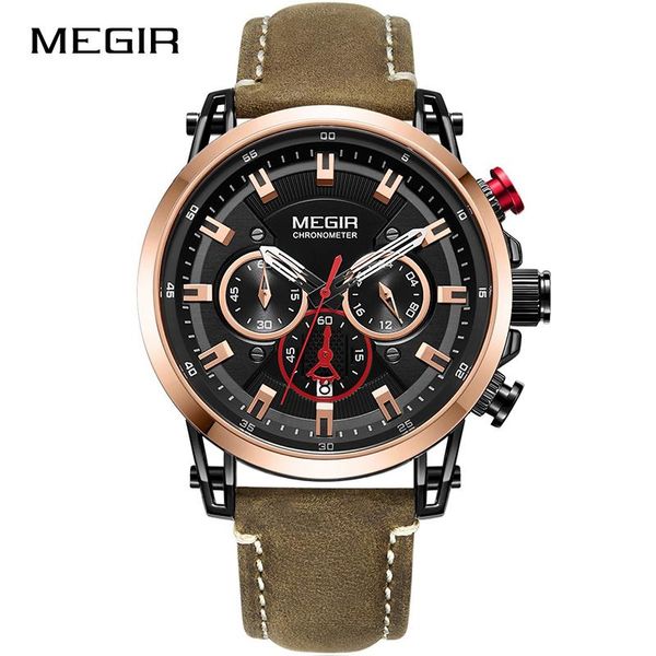 wristwatches megir men watches chronograph date military sports leather strap male clock relogio masculino, Slivery;brown