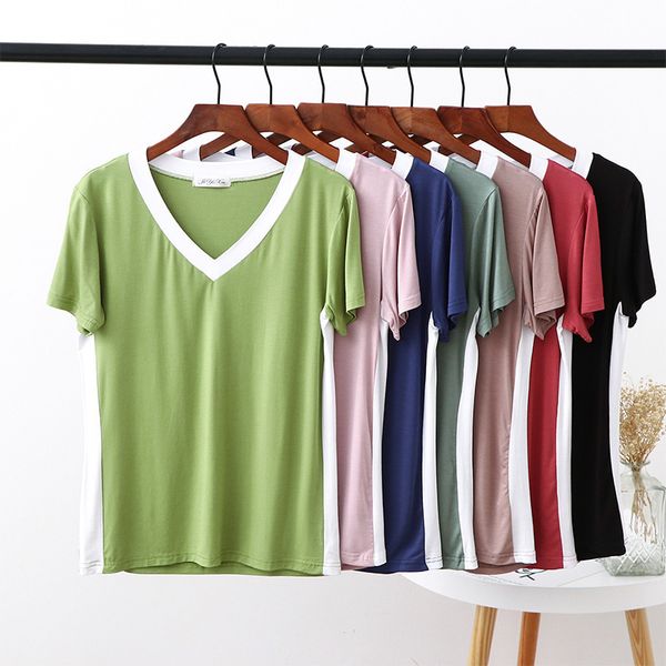 women's t shirt modal v neck splicing side white stripe short sleeve summer korean casual loose thin top
women's t shirt modal v neck splicing side white stripe short sleeve summer korean casual loose thin top