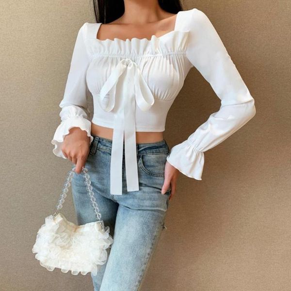 women's blouses & shirts square neck chic women lace-up ruffle girls blouse long sleeve solid color female summer autumn clothes, White
women's blouses & shirts square neck chic women lace-up ruffle girls blouse long sleeve solid color female summer autumn clothes, White