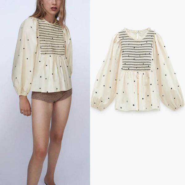 za puff sleeve women blouses vintage heart print feminine o neck long balloon shirt back opening smock pleated poplin, White
za puff sleeve women blouses vintage heart print feminine o neck long balloon shirt back opening smock pleated poplin, White