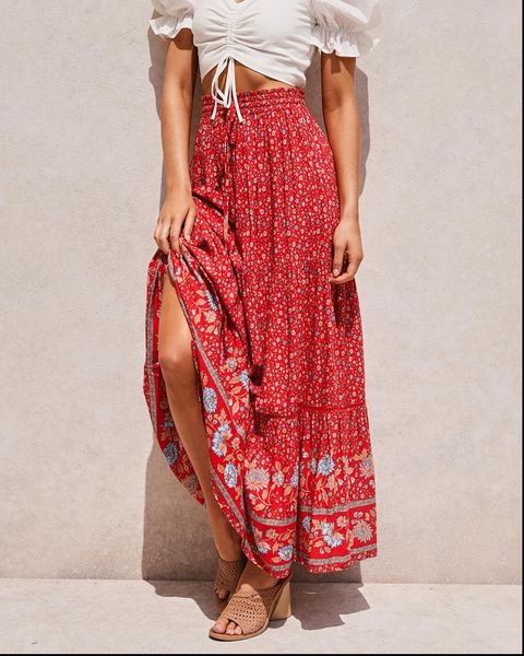 red floral print beach women skirts bohemian high elastic waist rayon cotton boho maxi femme, Black
red floral print beach women skirts bohemian high elastic waist rayon cotton boho maxi femme, Black