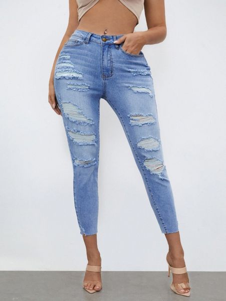 sxy ripped raw hem skinny cropped jeans 39og#, Blue