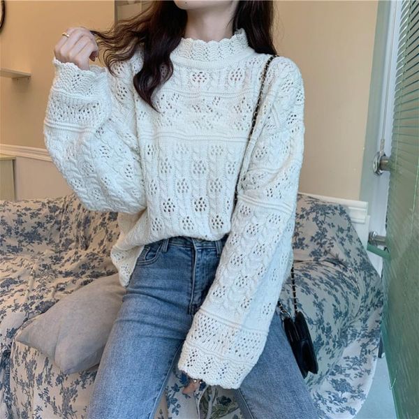 women's sweaters sweet hollow hook flower half high collar sweater women solid color loose long sleeve simple pull femme korean style k, White;black
women's sweaters sweet hollow hook flower half high collar sweater women solid color loose long sleeve simple pull femme korean style k, White;black