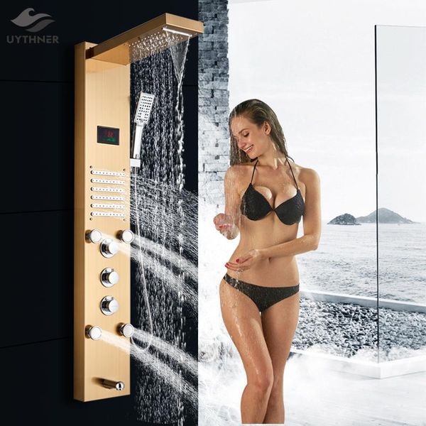 ly led bath shower panel golden waterfall rain column faucet digital temperature screen system mixer tub spout bathroom sets
ly led bath shower panel golden waterfall rain column faucet digital temperature screen system mixer tub spout bathroom sets