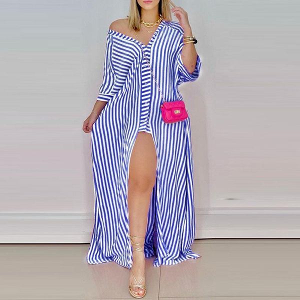 casual dresses women dress 2021 autumn high slit v neck button striped long sleeve elegant loose maxi, Black;gray
casual dresses women dress 2021 autumn high slit v neck button striped long sleeve elegant loose maxi, Black;gray