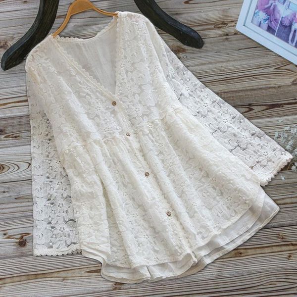 spring sweet style lace v neck hollow out women blouse oversize single-breasted solid color loose women's blouses & shirts, White
spring sweet style lace v neck hollow out women blouse oversize single-breasted solid color loose women's blouses & shirts, White