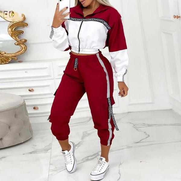 women's two piece pants 2021 product long-sleeved letter jacket short striped blouse hem flap and ankle suit, White
women's two piece pants 2021 product long-sleeved letter jacket short striped blouse hem flap and ankle suit, White