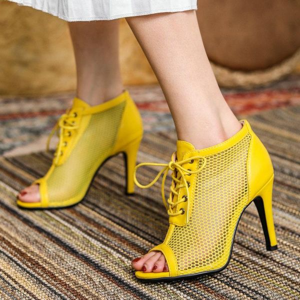women summer ankle boots fashion peep toe high heels lace up grid shoes ladies black beige yellow