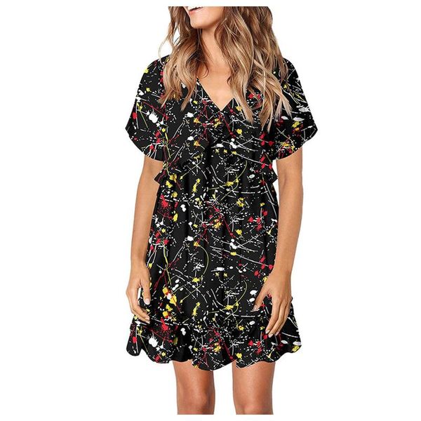 casual dresses women floral print v neck party dress spring summer short ruffle sleeve elegant ladies elastic waist slim vestidos, Black;gray
casual dresses women floral print v neck party dress spring summer short ruffle sleeve elegant ladies elastic waist slim vestidos, Black;gray