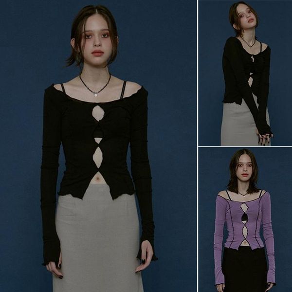 female punk style off shoulder t-shirt long sleeve striped line hollow patch street women's, White
female punk style off shoulder t-shirt long sleeve striped line hollow patch street women's, White