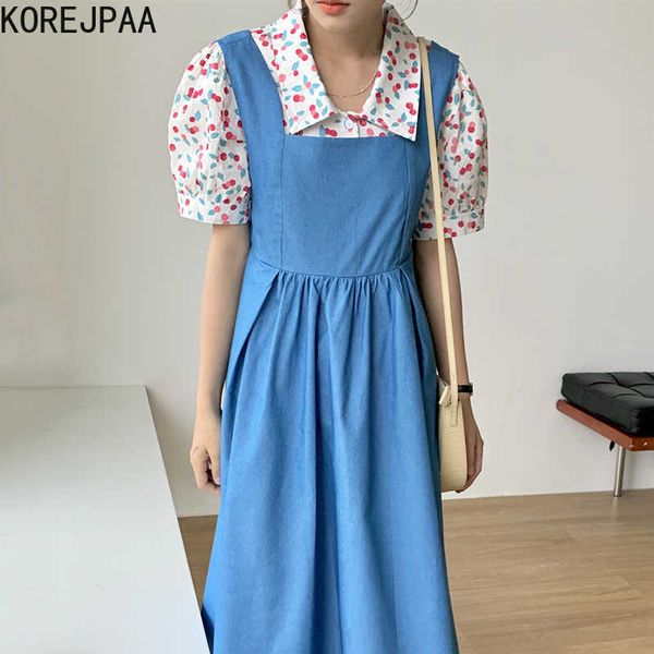 korejpaa women dress sets korean fashion summer lapel printed bubble sleeve shirt and high waist blue denim strap vestido 210526, White
korejpaa women dress sets korean fashion summer lapel printed bubble sleeve shirt and high waist blue denim strap vestido 210526, White