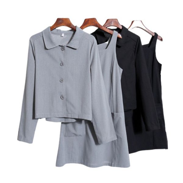 women gray black white solid tank dress with shirt turn down collar 2 two pieces set elegant t0254 210514, Black;gray
women gray black white solid tank dress with shirt turn down collar 2 two pieces set elegant t0254 210514, Black;gray